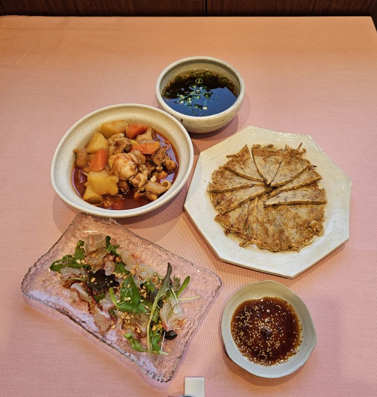 タットリタン・ごぼうチヂミ・鯛の前菜・もずくスープ 